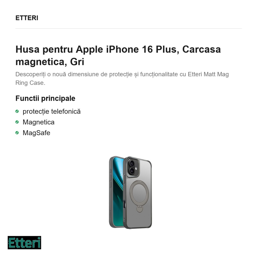 Husa Etteri Matt Mag Ring pentru Apple iPhone 16 Plus, Carcasa magnetica, Gri [2]