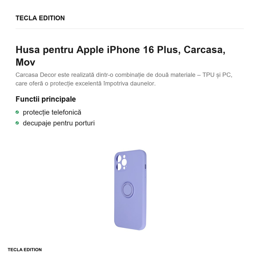 Husa Finger Grip pentru Apple iPhone 16 Plus, Carcasa magnetica, Mov [2]
