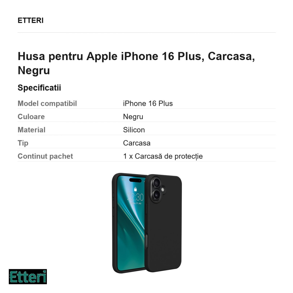 Husa Etteri Silicone pentru Apple iPhone 16 Plus, Carcasa, Negru [3]