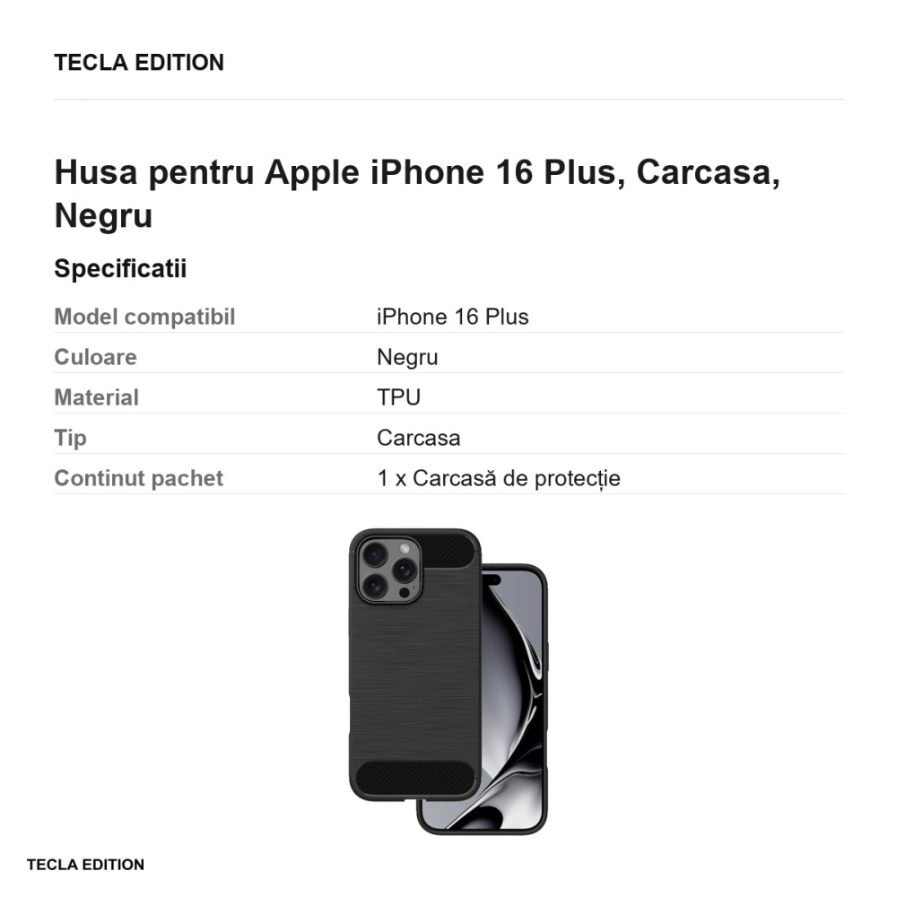 Husa Simple Black pentru Apple iPhone 16 Plus, Carcasa, Negru [3]