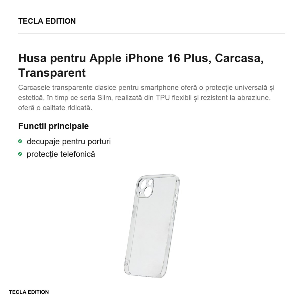 Husa Slim 2 mm pentru Apple iPhone 16 Plus, Carcasa, Transparent [2]