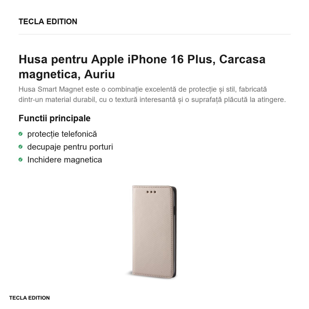 Husa Smart Magnet pentru Apple iPhone 16 Plus, tip carte cu inchidere magnetica, Auriu [2]