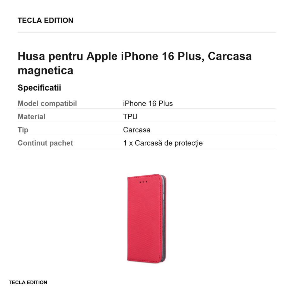 Husa Smart Magnet pentru Apple iPhone 16 Plus, tip carte cu inchidere magnetica, Rosu [3]
