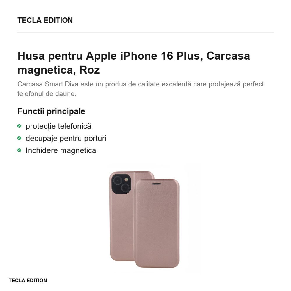 Husa Smart Diva rose pentru Apple iPhone 16 Plus, tip carte cu inchidere magnetica, Roz [2]