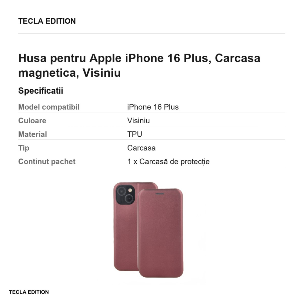 Husa Smart Diva pentru Apple iPhone 16 Plus, tip carte cu inchidere magnetica, Visiniu [3]