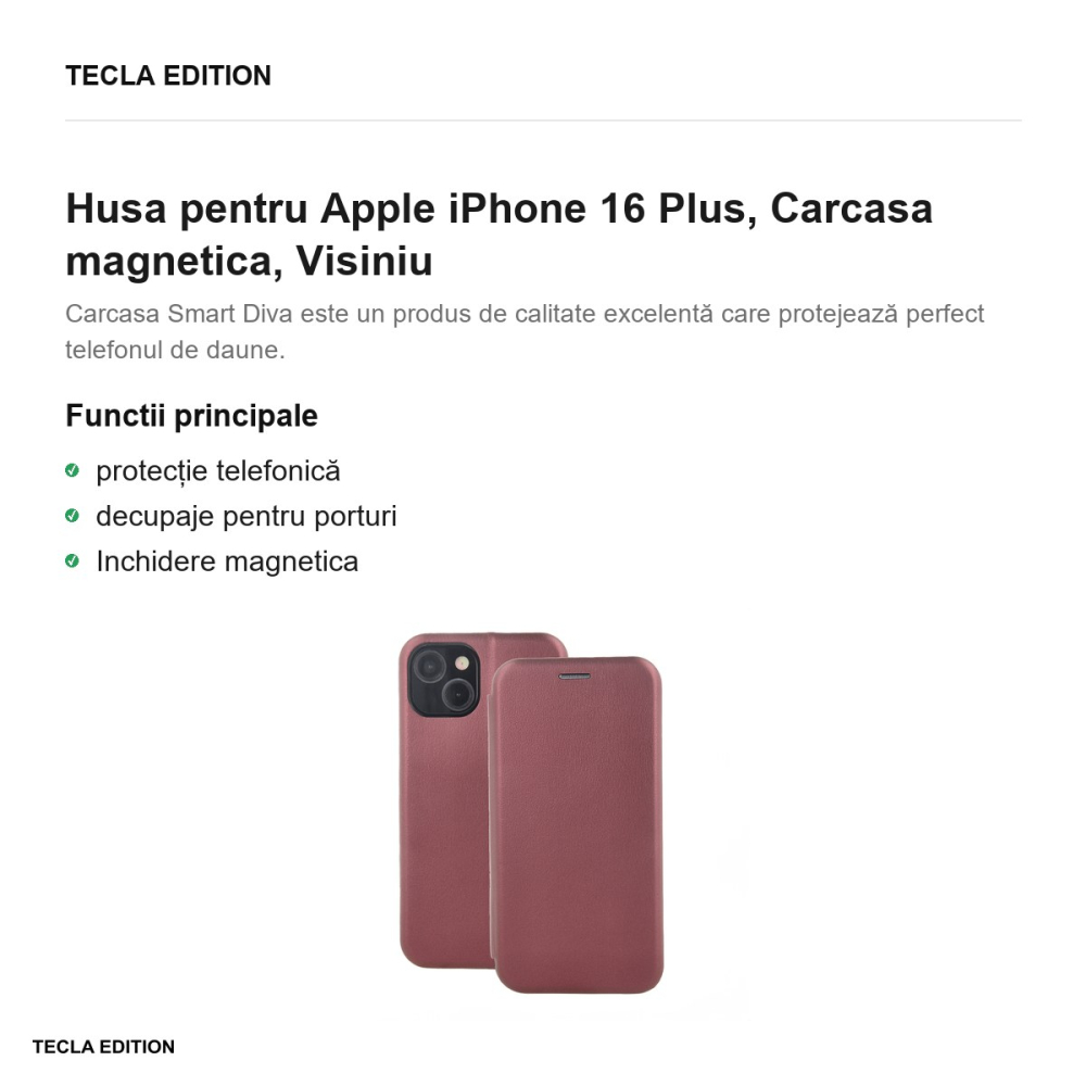 Husa Smart Diva pentru Apple iPhone 16 Plus, tip carte cu inchidere magnetica, Visiniu [2]