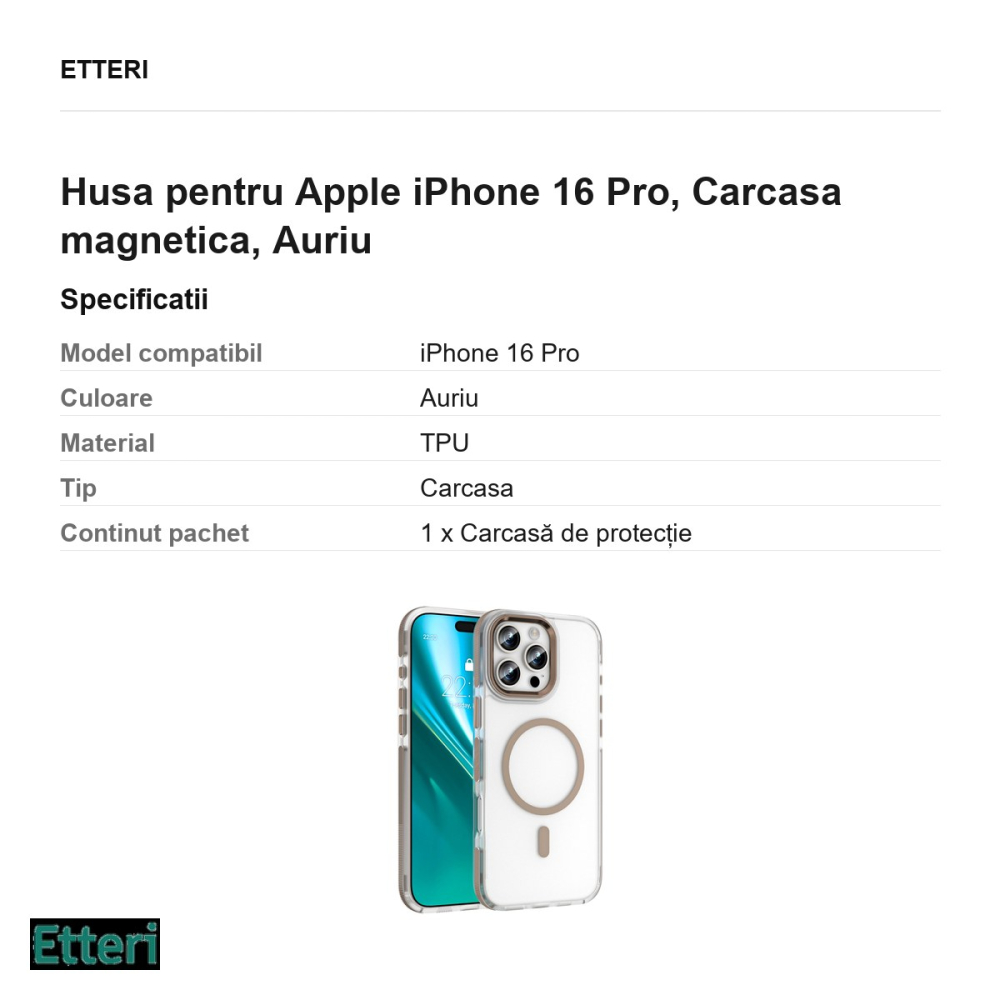 Husa Etteri Icy Mag pentru Apple iPhone 16 Pro, Carcasa magnetica, Auriu [3]