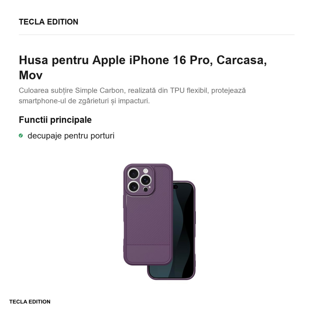 Husa Simple Carbon pentru Apple iPhone 16 Pro, Carcasa, Mov [2]