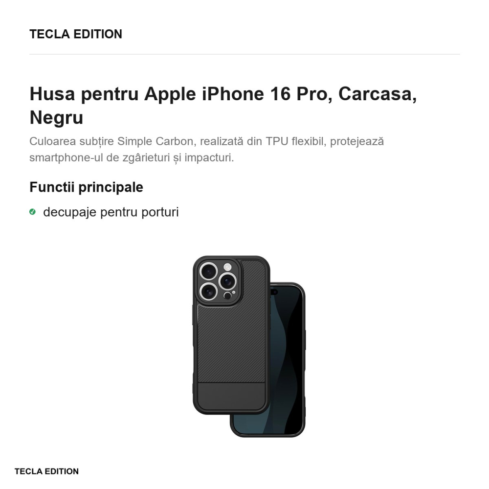 Husa Simple Carbon pentru Apple iPhone 16 Pro, Carcasa, Negru [2]