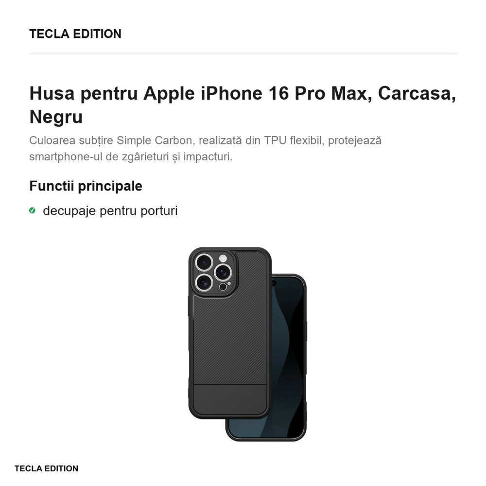 Husa Simple Carbon pentru Apple iPhone 16 Pro Max, Carcasa, Negru [2]