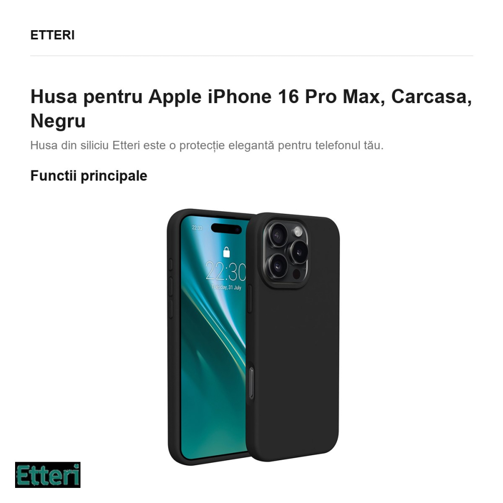 Husa Etteri Silicone pentru Apple iPhone 16 Pro Max, Carcasa, Negru [2]