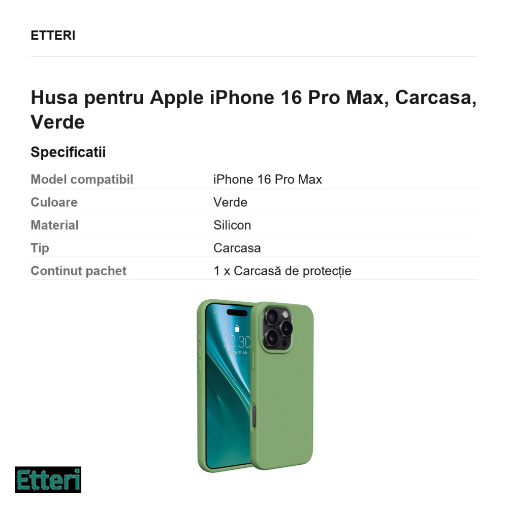 Husa Etteri Silicone pentru Apple iPhone 16 Pro Max, Carcasa, Verde [3]