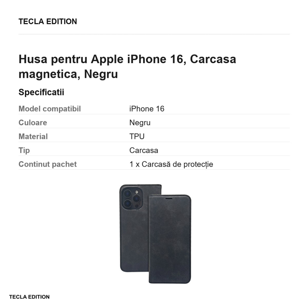 Husa Smart Suede pentru Apple iPhone 16, tip carte cu inchidere magnetica, Negru [3]