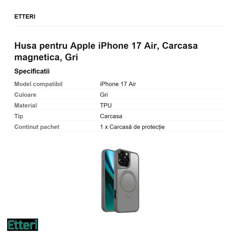 Husa Etteri Matt Mag Ring pentru Apple iPhone 17 Air, Carcasa magnetica, Gri [3]