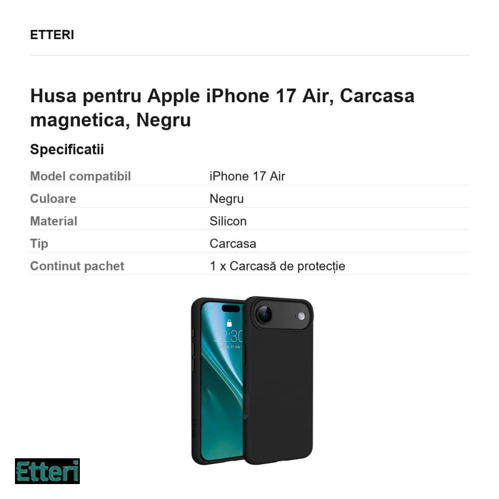 Husa Etteri Silicone Mag pentru Apple iPhone 17 Air, Carcasa magnetica, Negru [3]