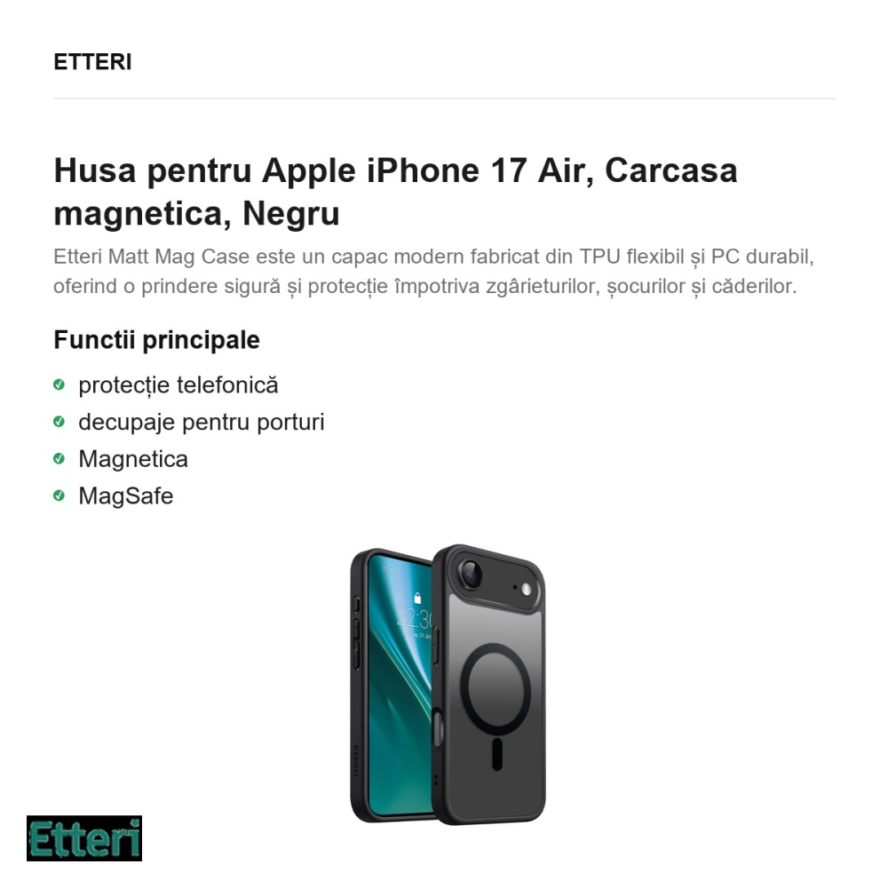 Husa Etteri Matt Mag pentru Apple iPhone 17 Air, Carcasa magnetica, Negru [2]