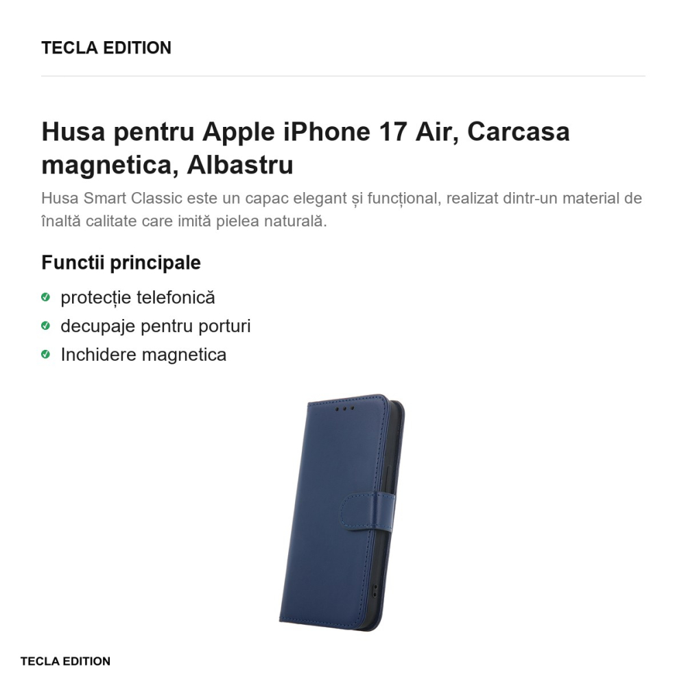 Husa Smart Classic pentru Apple iPhone 17 Air, tip carte cu inchidere magnetica, Albastru [2]