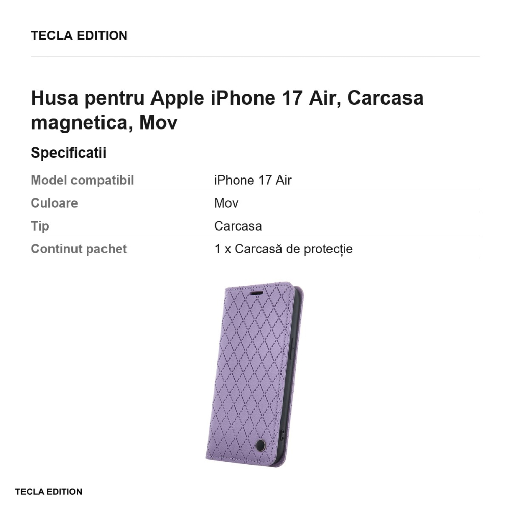 Husa Smart Caro pentru Apple iPhone 17 Air, tip carte cu inchidere magnetica, Mov [3]