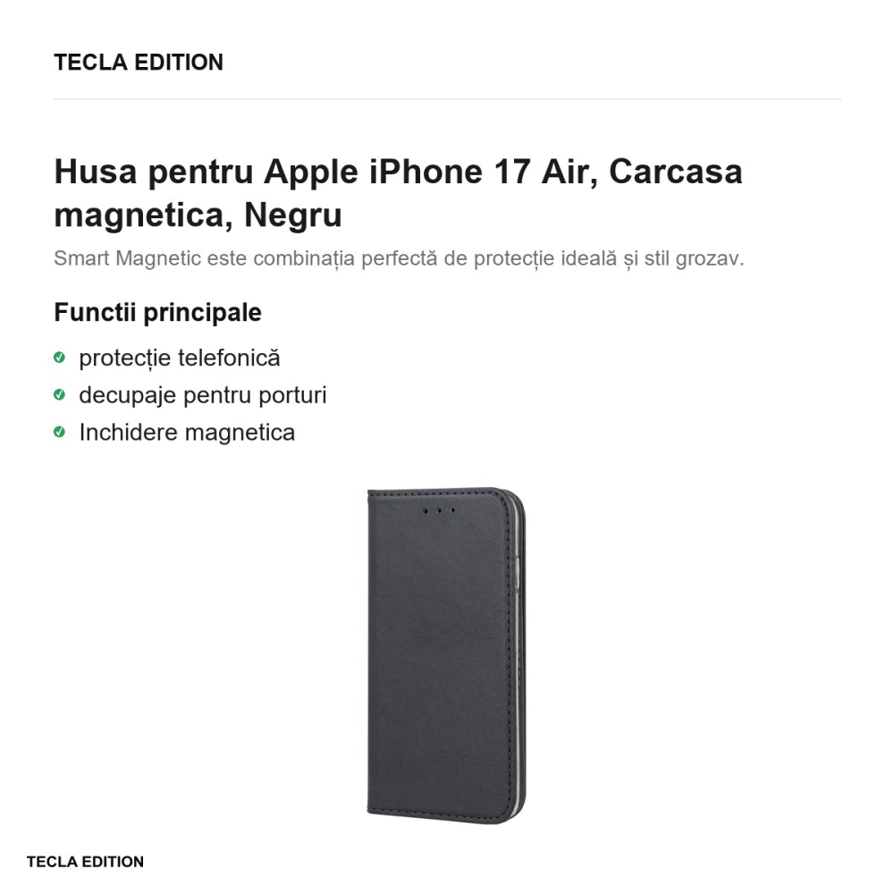 Husa Smart Magnetic pentru Apple iPhone 17 Air, tip carte cu inchidere magnetica, Negru [2]