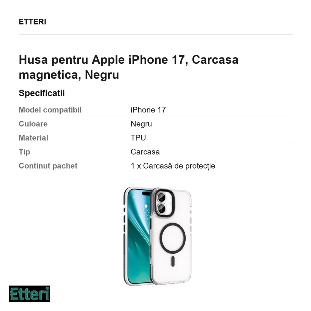 Husa Etteri Icy Mag pentru Apple iPhone 17, Carcasa magnetica, Negru [3]
