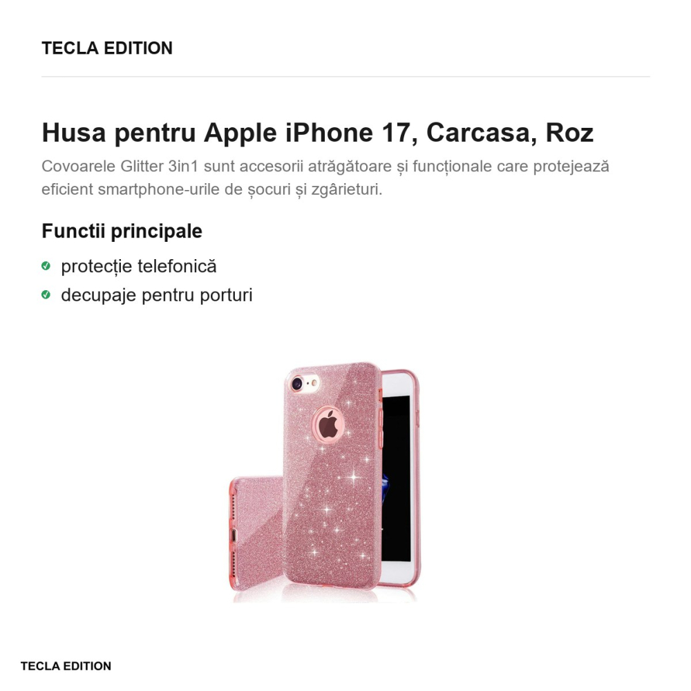 Husa Glitter 3in1 pentru Apple iPhone 17, Carcasa, Roz [2]