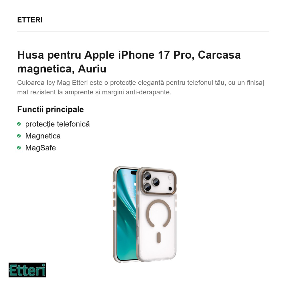 Husa Etteri Icy Mag pentru Apple iPhone 17 Pro, Carcasa magnetica, Auriu [2]
