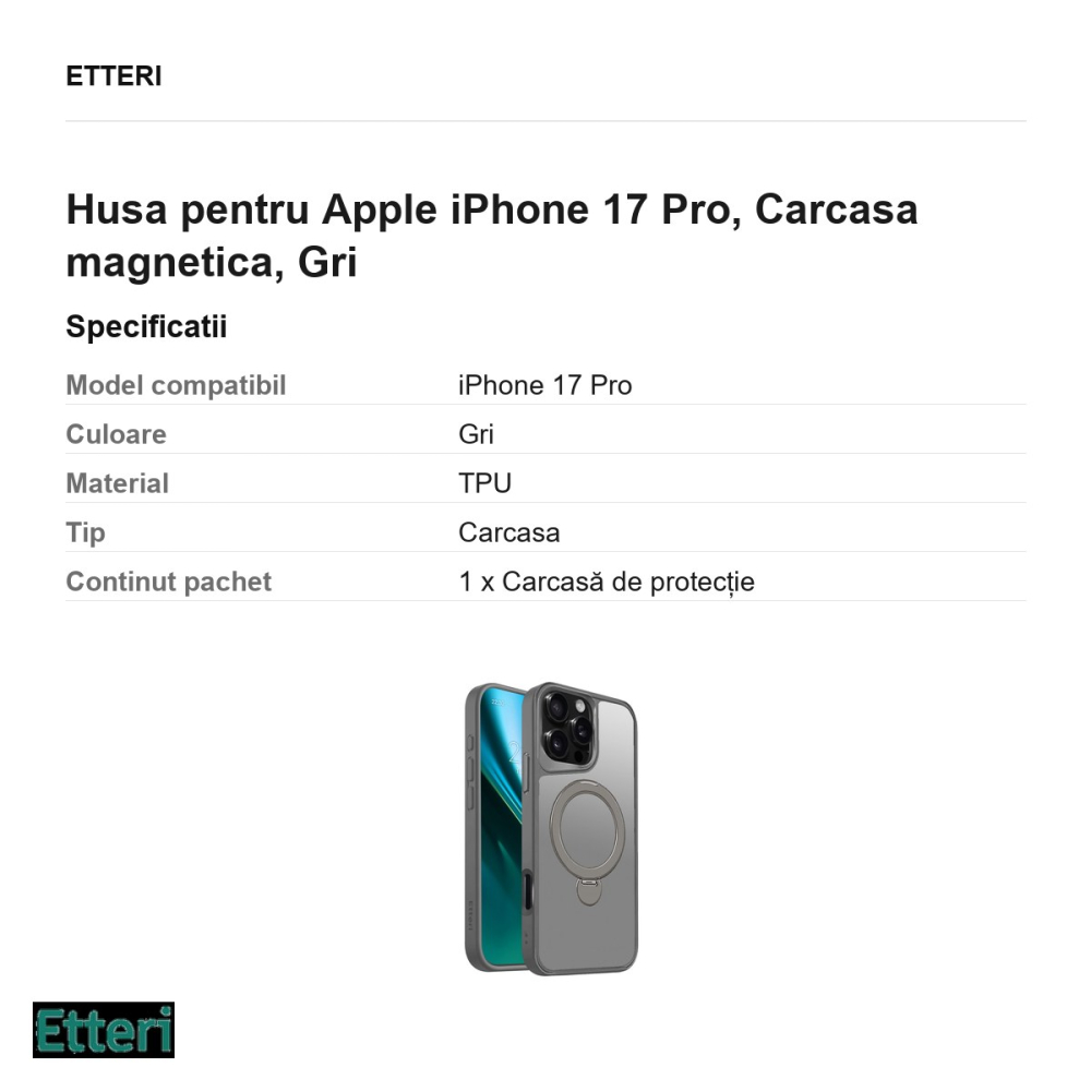 Husa Etteri Matt Mag Ring pentru Apple iPhone 17 Pro, Carcasa magnetica, Gri [3]