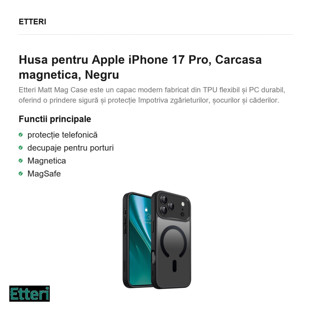 Husa Etteri Matt Mag pentru Apple iPhone 17 Pro, Carcasa magnetica, Negru [2]