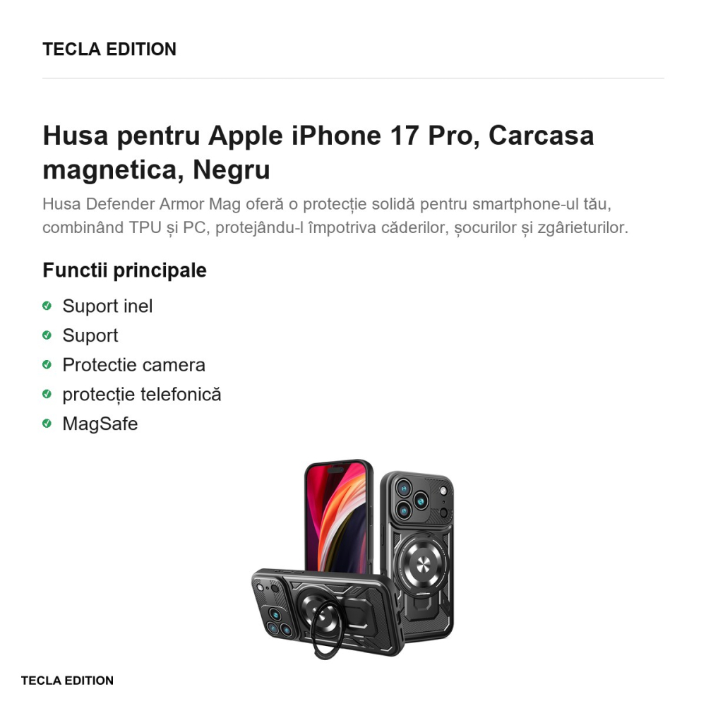 Husa Defender Armor Mag pentru Apple iPhone 17 Pro, Carcasa magnetica, Negru [2]