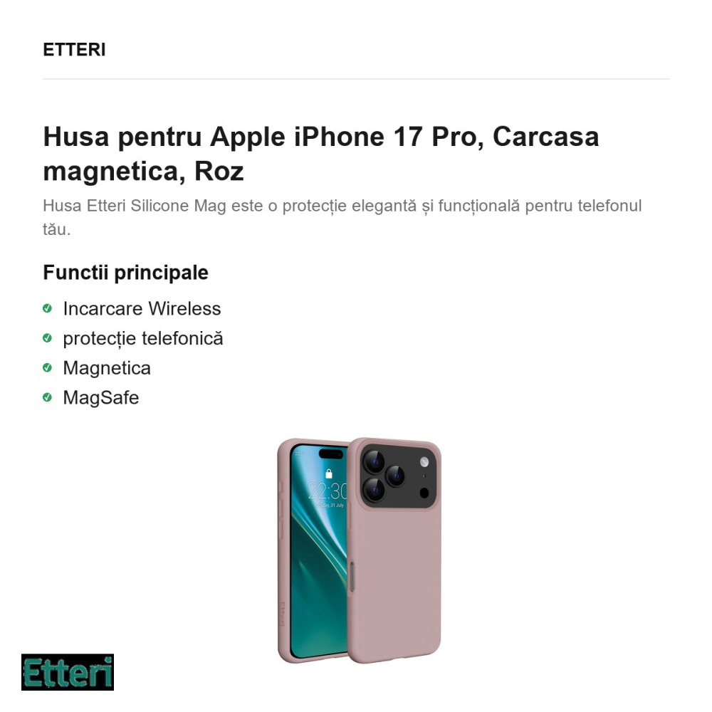 Husa Etteri Silicone Mag pentru Apple iPhone 17 Pro, Carcasa magnetica, Roz [2]