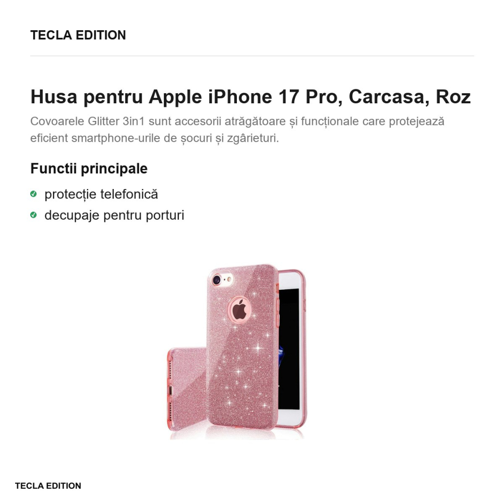 Husa Glitter 3in1 pentru Apple iPhone 17 Pro, Carcasa, Roz [2]