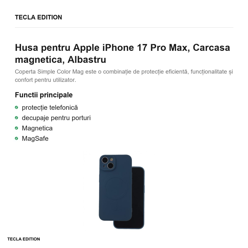 Husa Simple Color Mag pentru Apple iPhone 17 Pro Max, Carcasa magnetica, Albastru [2]