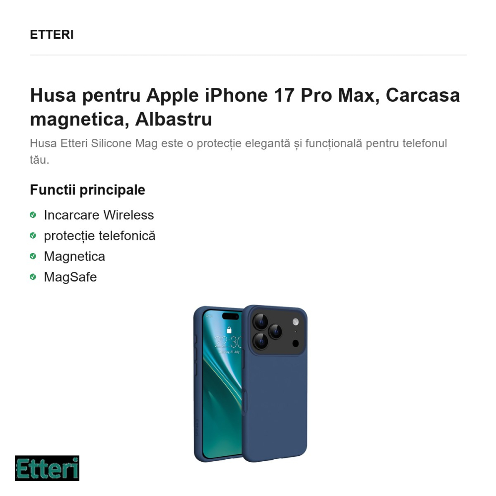 Husa Etteri Silicone Mag pentru Apple iPhone 17 Pro Max, Carcasa magnetica, Albastru [2]