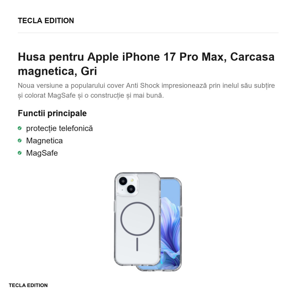 Husa Anti Shock Thin Mag open ring pentru Apple iPhone 17 Pro Max, Carcasa magnetica, Gri [2]