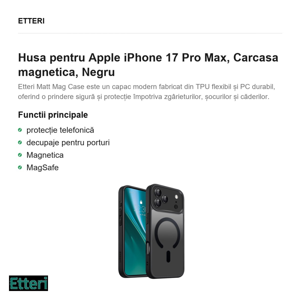 Husa Etteri Matt Mag pentru Apple iPhone 17 Pro Max, Carcasa magnetica, Negru [2]