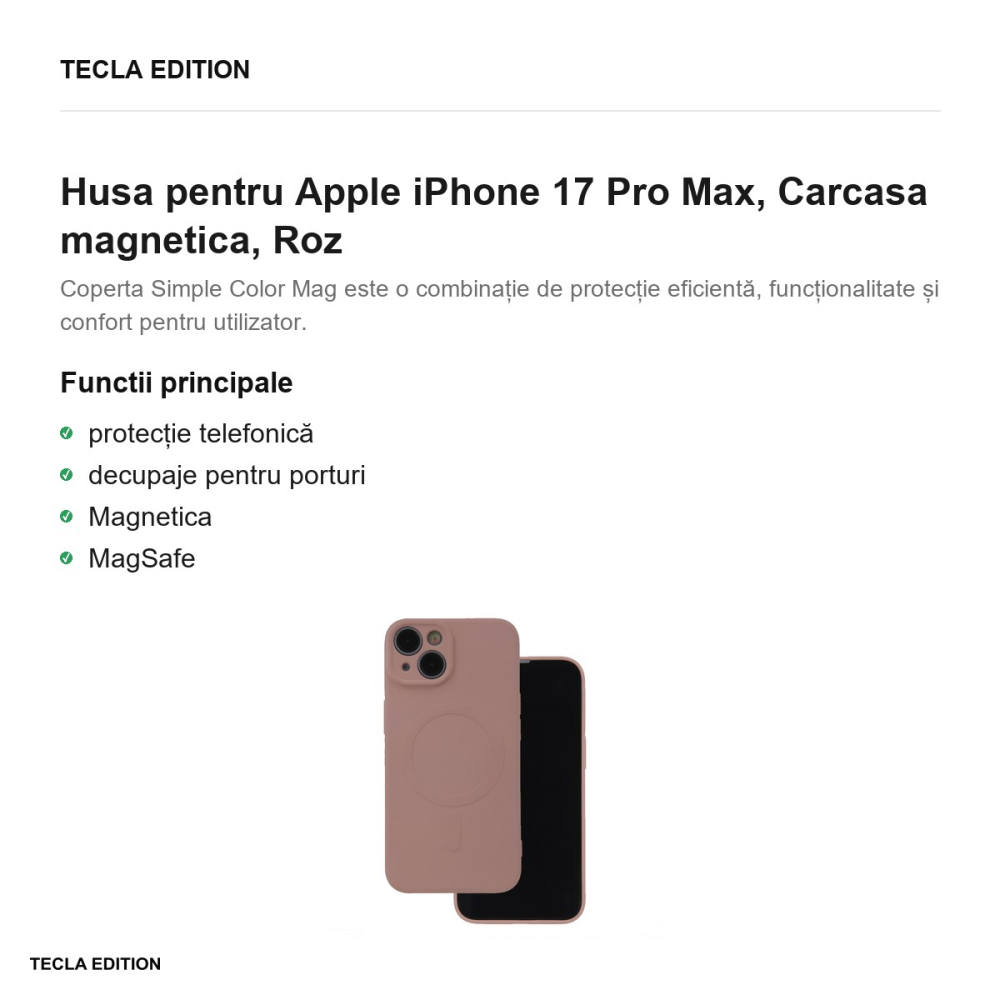 Husa Simple Color Mag pentru Apple iPhone 17 Pro Max, Carcasa magnetica, Roz [2]