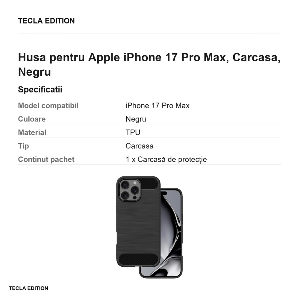Husa Simple Black pentru Apple iPhone 17 Pro Max, Carcasa, Negru [3]