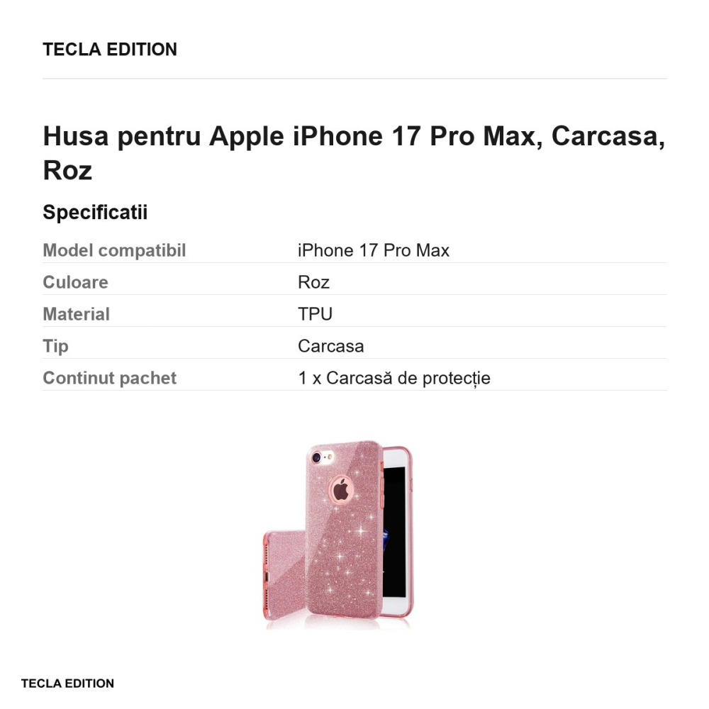 Husa Glitter 3in1 pentru Apple iPhone 17 Pro Max, Carcasa, Roz [3]