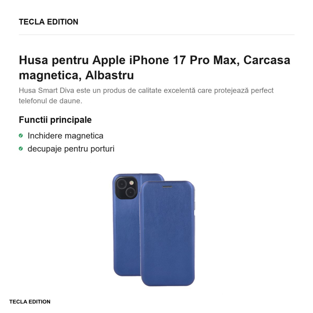 Husa Smart Diva pentru Apple iPhone 17 Pro Max, tip carte cu inchidere magnetica, Albastru [2]