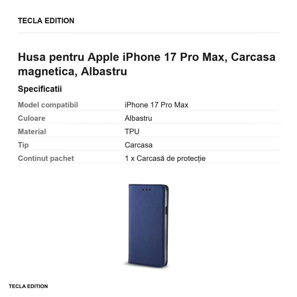 Husa Smart Magnet pentru Apple iPhone 17 Pro Max, tip carte cu inchidere magnetica, Albastru [3]