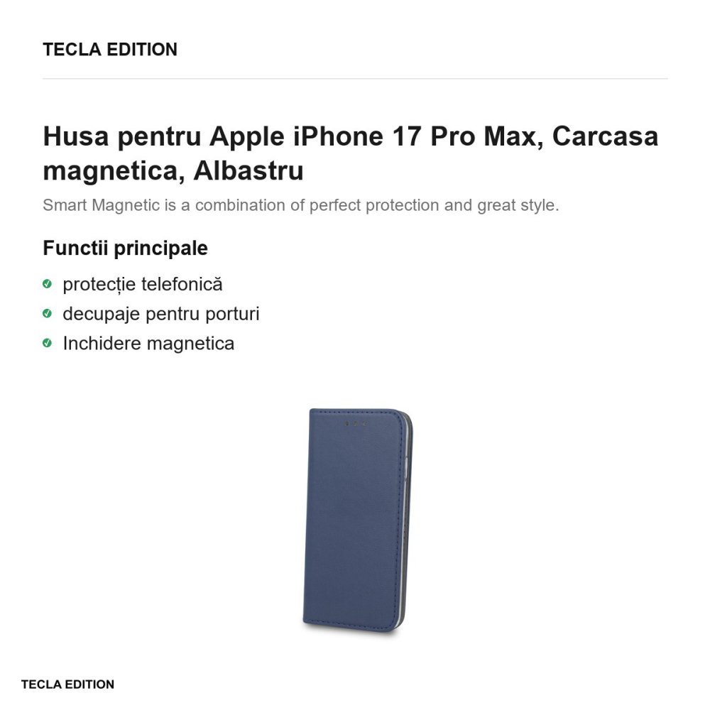 Husa Smart Magnetic pentru Apple iPhone 17 Pro Max, tip carte cu inchidere magnetica, Albastru [2]