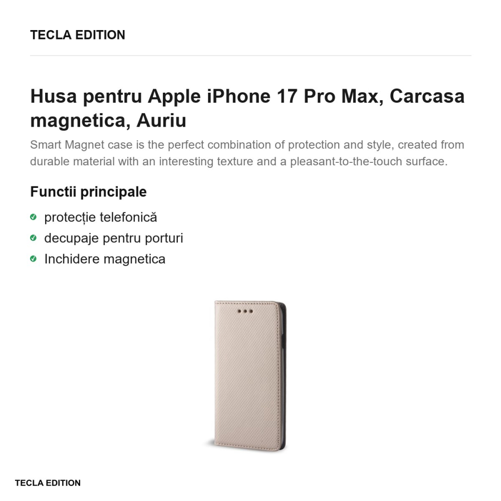 Husa Smart Magnet pentru Apple iPhone 17 Pro Max, tip carte cu inchidere magnetica, Auriu [2]