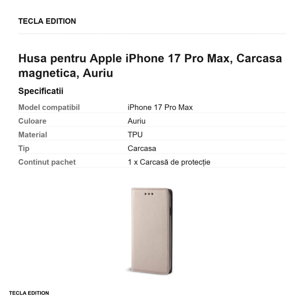 Husa Smart Magnet pentru Apple iPhone 17 Pro Max, tip carte cu inchidere magnetica, Auriu [3]