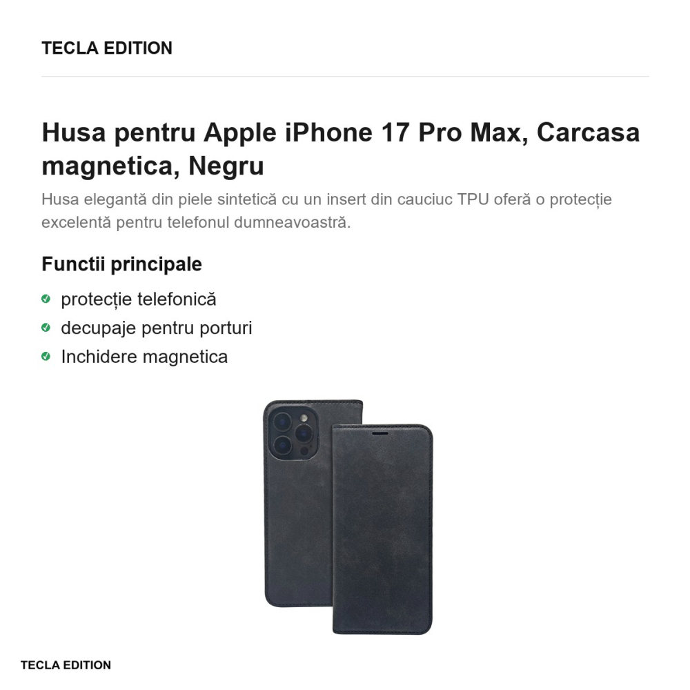 Husa Smart Suede pentru Apple iPhone 17 Pro Max, tip carte cu inchidere magnetica, Negru [2]