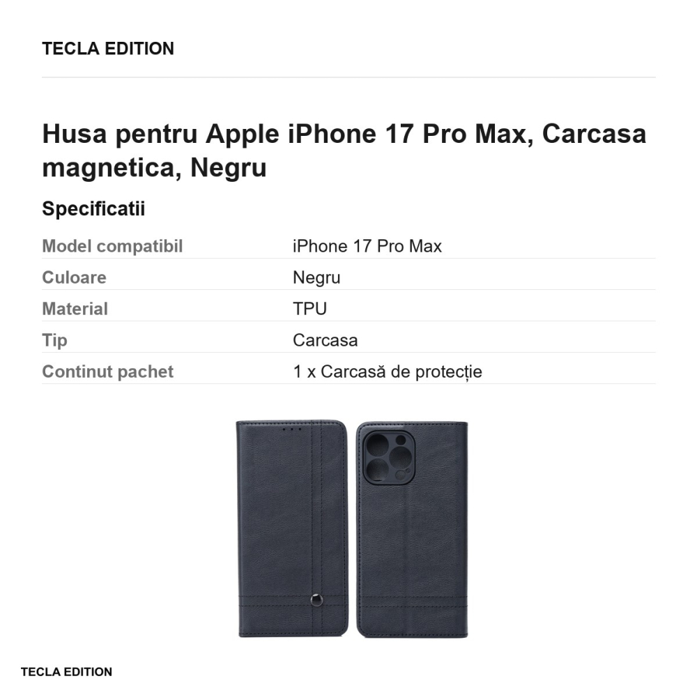 Husa Smart Seam pentru Apple iPhone 17 Pro Max, tip carte cu inchidere magnetica, Negru [3]