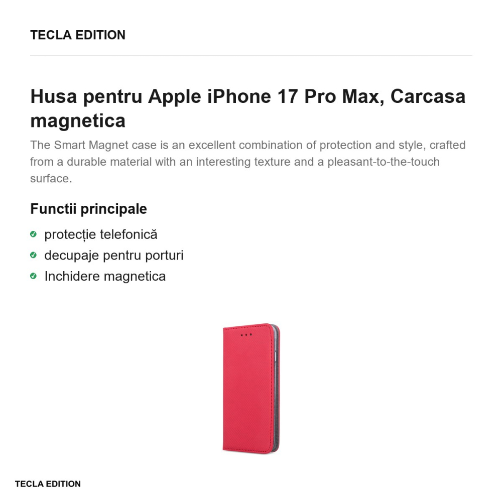 Husa Smart Magnet pentru Apple iPhone 17 Pro Max, tip carte cu inchidere magnetica, Rosu [2]