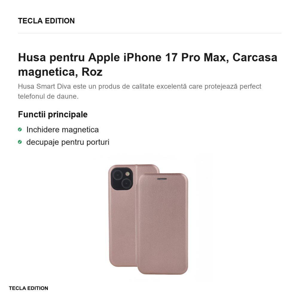 Husa Smart Diva rose pentru Apple iPhone 17 Pro Max, tip carte cu inchidere magnetica, Roz [2]