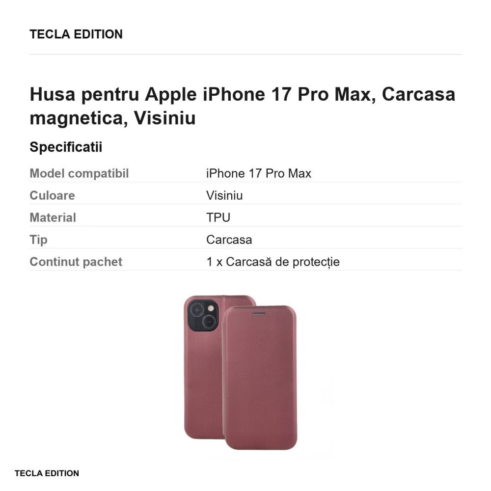 Husa Smart Diva pentru Apple iPhone 17 Pro Max, tip carte cu inchidere magnetica, Visiniu [3]