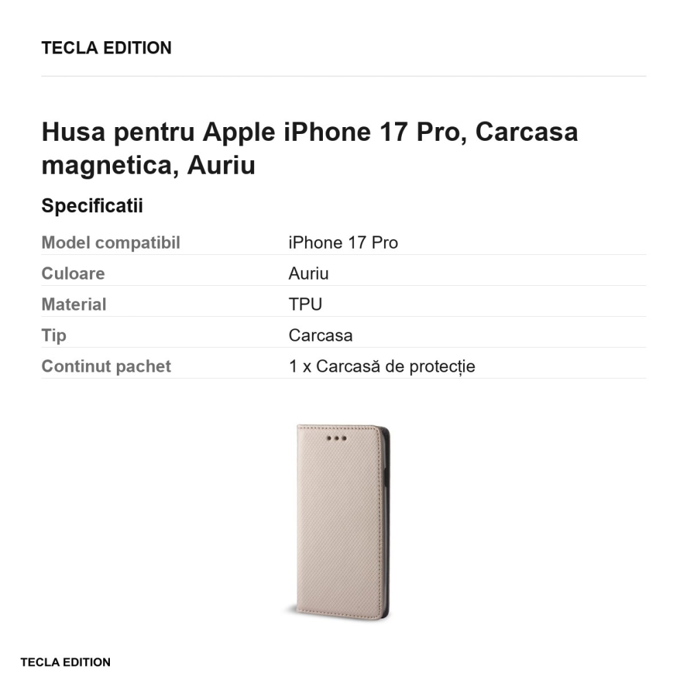 Husa Smart Magnet pentru Apple iPhone 17 Pro, tip carte cu inchidere magnetica, Auriu [3]