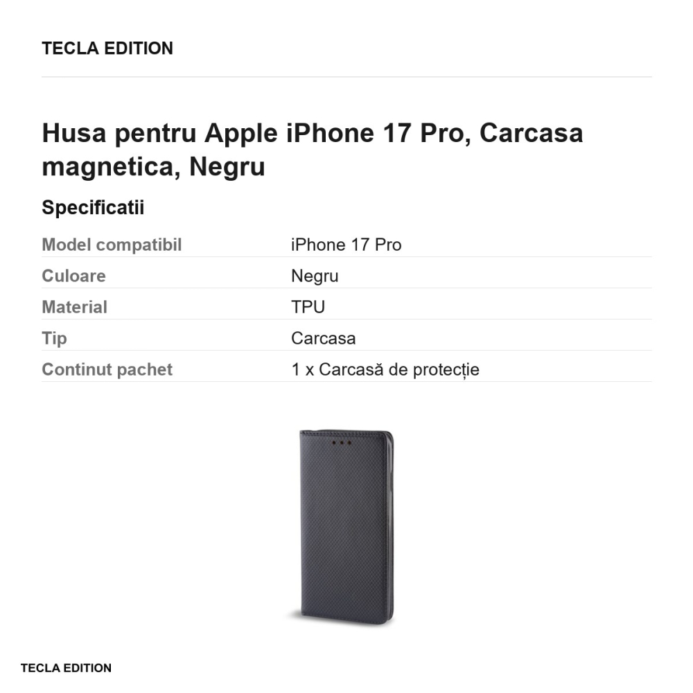 Husa Smart Magnet pentru Apple iPhone 17 Pro, tip carte cu inchidere magnetica, Negru [3]